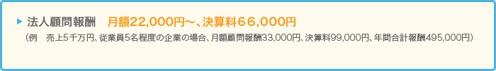 法人顧問報酬 月額22,000円~、決算料66,000円~ 法人顧問報酬 月額22,000円~、決算料66,000円~