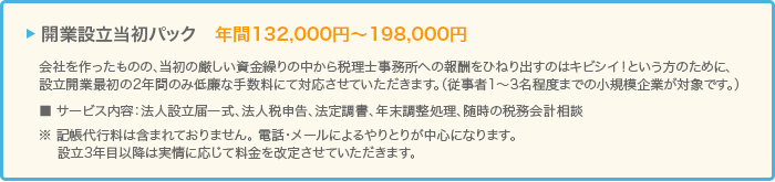 開業設立当初パック 年間132,000円~198,000円 開業設立当初パック 年間132,000円~198,000円